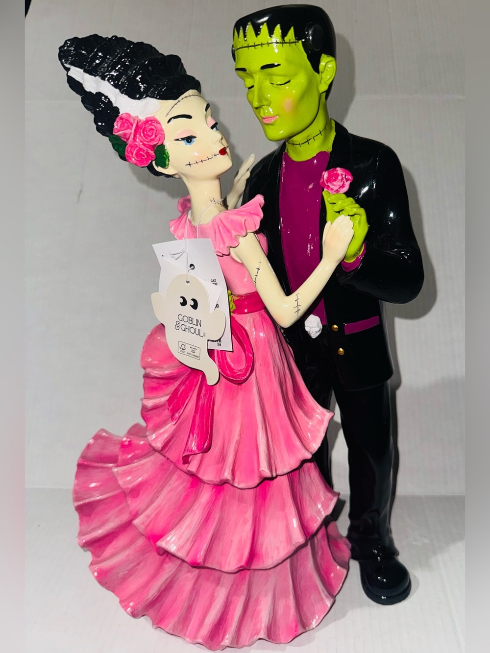 Goblin & Ghoul- Frankenstein and Bride Dancing Figurine Pink Dress Halloween 16"